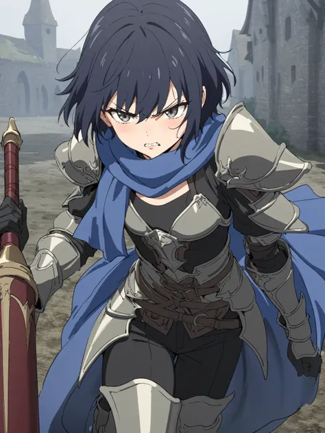 {{upper body}} {{Artist: sincos}} 1girl, solo, small breasts, cowboy shot, intricate detail, dark blue hair, very short hair, grey eyes, gloves greaves, armor, scowl, holding lance, lance, blue scarf, black undershirt, angry, parted lips, long sleeves, lon...