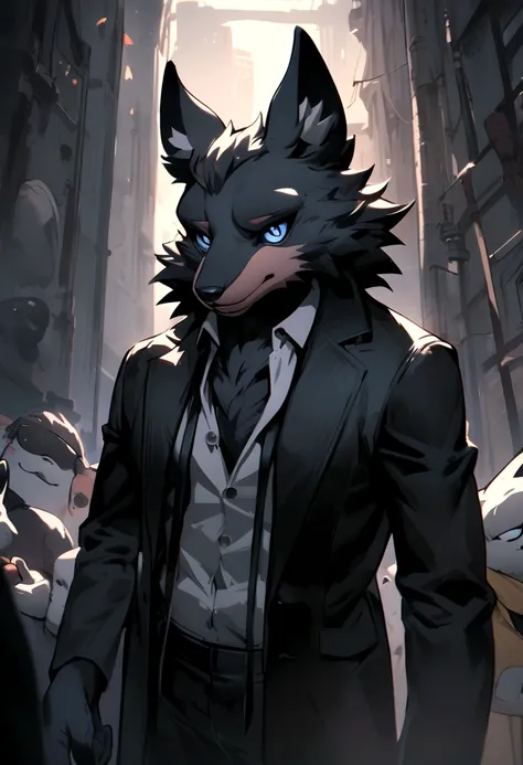 furry art, anthropomorphic male jackal-Anubis in black pants and shirt