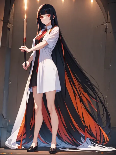 long hair, Griffindor clothes, magic wand, full body, orange eye, black hair, red inner hair, wand wood