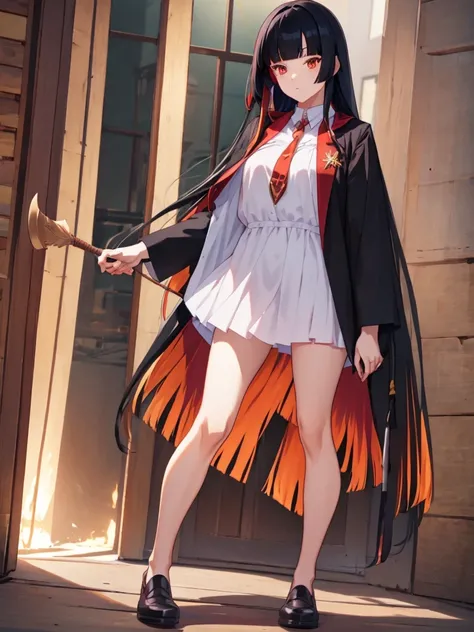 long hair, Griffindor clothes, magic wand, full body, orange eye, black hair, red inner hair, wand wood