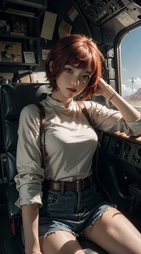 Highest image quality, outstanding details, ultra-high resolution, (realism: 1.4), the best illustration, favor details, highly condensed,
A young sexy redhead with short hair and mechanical parts sits on a seat in a warplane and the window can show the de...