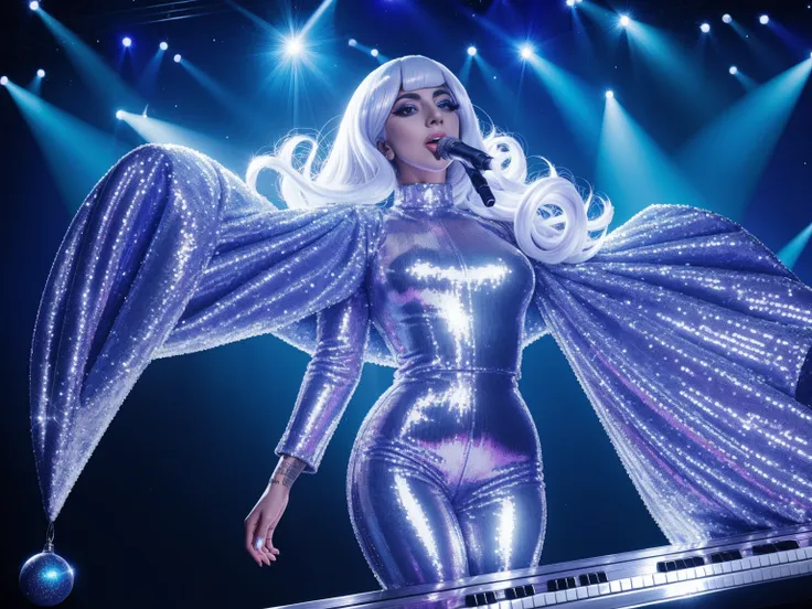 lady gaga fashion makeup giant fabulous amber straight wig backlight hyper detailed silver sequin outfit singing holding blue gl...