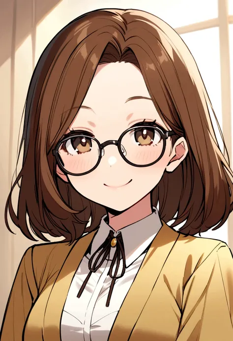 A 34 year old woman, with short brown hair, Round face, round face with charming smile, and light brown eyes, wearing glasses.