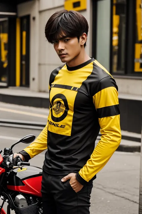 Red yellow and black long sleeve motorcycle t-shirt 