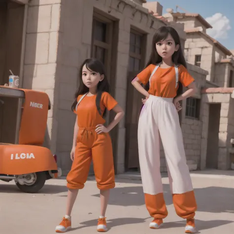 armenian girl standing on a beach with an orange overall, orange jumpsuit, overalls, wearing an orange jumpsuit, official produc...