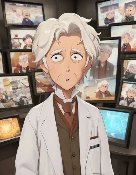 1 old man with short white hair dressed as a scientist., with a surprised expression (1.2), and a large scientific observatory w...