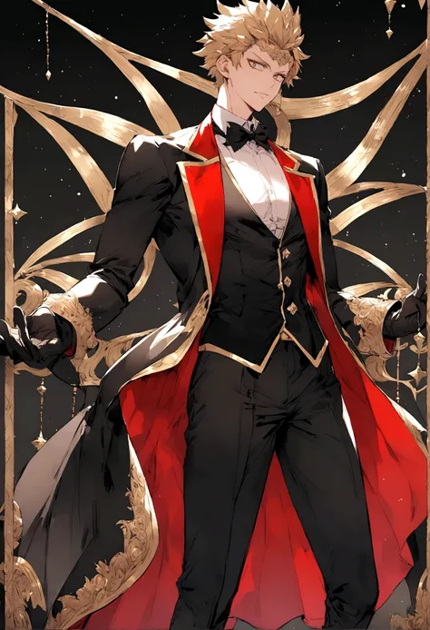 BNHA style hero costume, dd must look like a magician. It should be a masculine suit for a slim body.