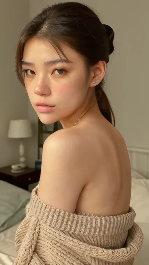 Portrait of a middle-aged Taiwanese woman, 18 years old, cute face, Scrawny, Tortitz, (great sagging:1.1), Huge nipples, don (Sexy sweater:1.2),, bokeh background, simple background, (highly refined skin:1.0), (work of art:1.2) (realisitic:1.2) (bokeh) (be...