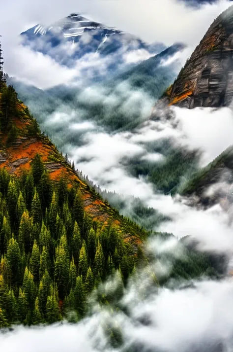 conifer forest misty cloudscapes road mountain cliffs autumn