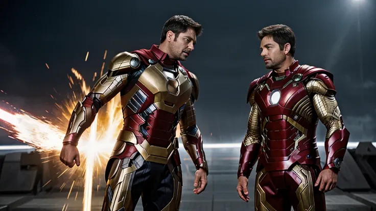 battle between Antony Starr as Thor and Karl Urban as Iron Man, Karl Urban with armor and no helmet, epic cinematic lighting, dramatic poses, incredible details, photorealistic, dynamic action, sparks and energy effects, intricate metal textures, godlike p...