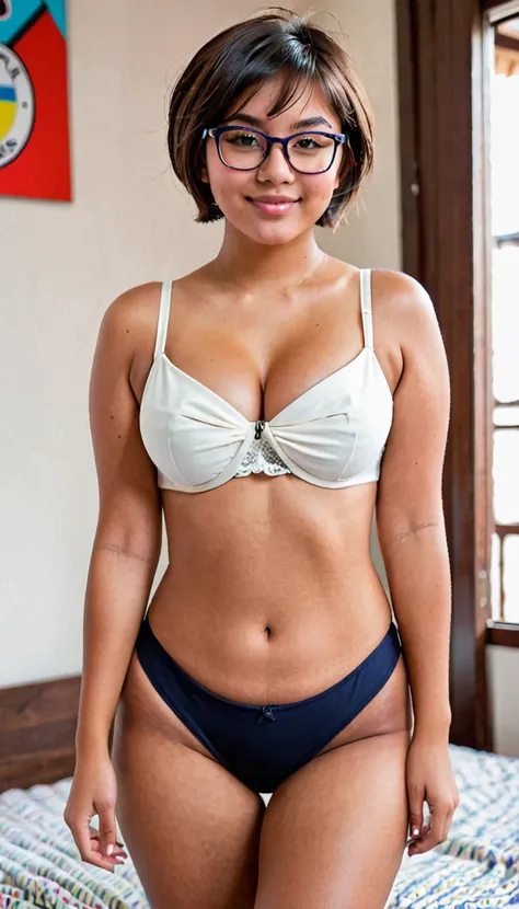 17 year old girl, busty, G Cup, peruvian, short hair, slim, glasses, big thighs, sin sosten