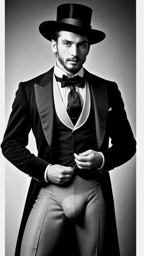 A sexy gentleman,Victorian era fashion, handsome face, black and white photo, homoerotic , focus from head to thighs,  crotch, mysterious expression ,nsfw, erection 