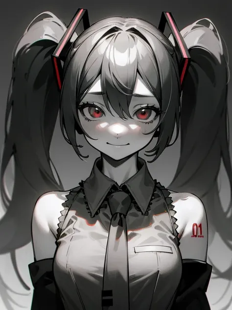 (masterpiece:1.2), (best quality:1.2), (highly detailed:1.2), 1girl, gesugao, sadistic smile, evil smile,monochrome, greyscale, spot color, red eyes, hatsune miku, upper body, disgust, disgust face