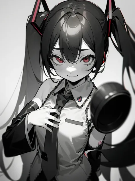 (masterpiece:1.2), (best quality:1.2), (highly detailed:1.2), 1girl, gesugao, sadistic smile, evil smile,monochrome, greyscale, spot color, red eyes, hatsune miku, upper body, disgust, disgust face