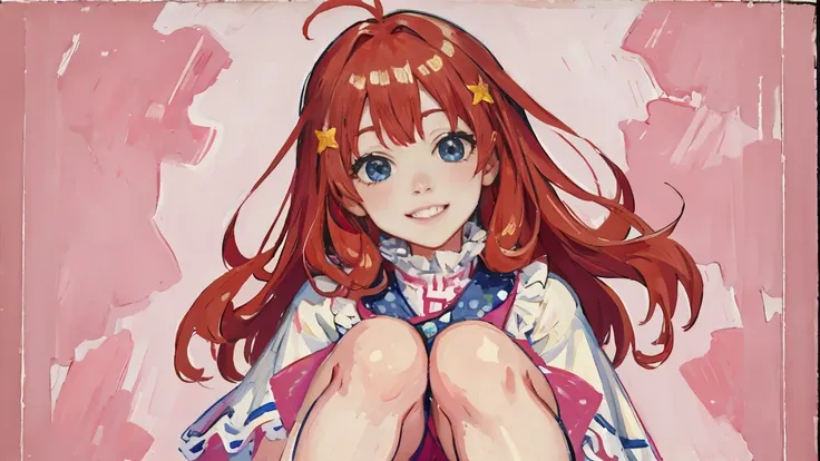 ((best quality)), ((masterpiece)), (detailed), perfect face, 1girl, nakano itsuki, smiling, whimsical, triad color pallette, hug...