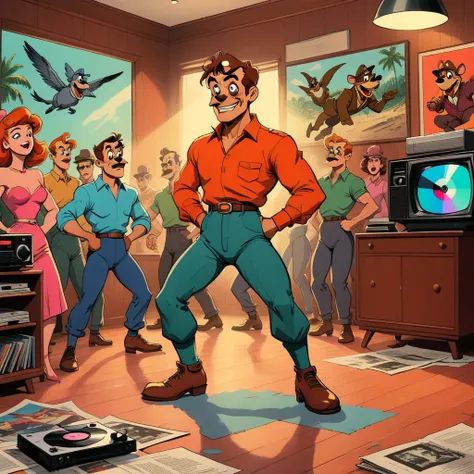 VHS, glitch, distorted, nostalgia, 90s retro vibes, analog tape, vcr aesthetics, tv, television, (Talespin 1990s cartoon homage), comic 1990s, animated tv show screengrab, Talespin cast dancing stanky boogie, cinematic poster, image within image, multiple ...