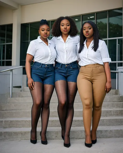 two nigerian college students plain white shirt and jean shorts, stunning proportions, gray sheer tights, grey sheer tights, bes...