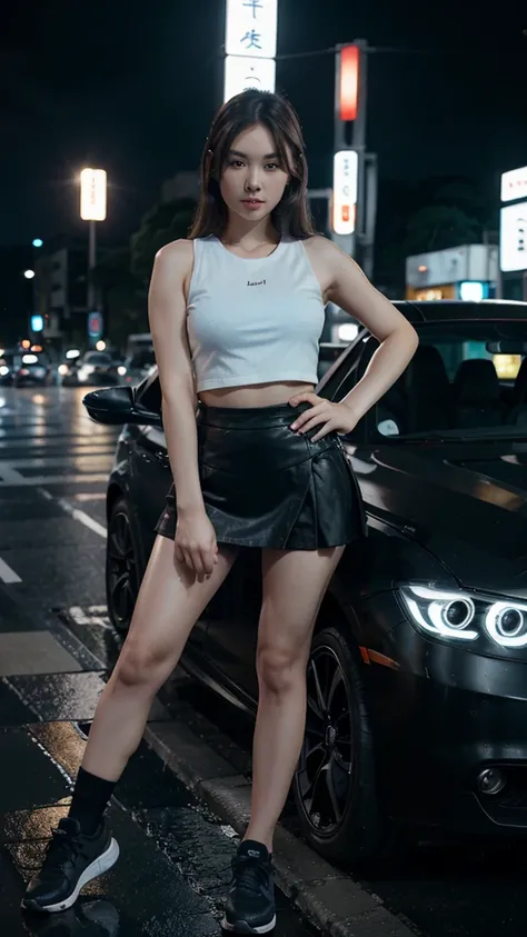 Beautiful Asian girl pale skin light brown hair black crop top black short skirt black stockings light blue eyes black tennis shoes good lighting driving a luxury sports car in the city of Tokyo at night with rain 