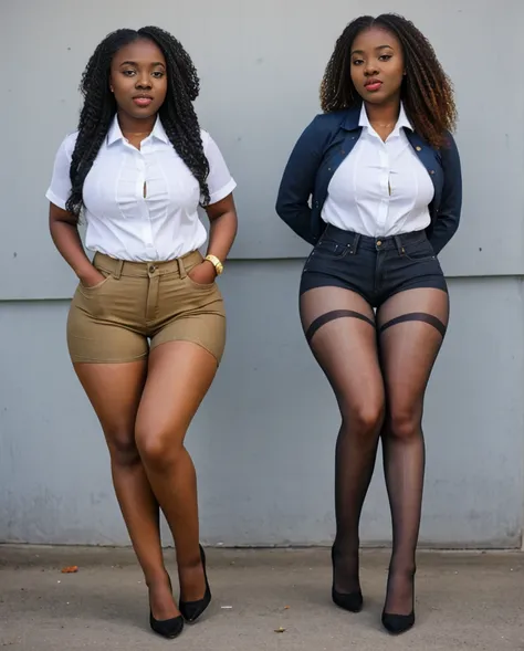 two nigerian college students plain white shirt and jean shorts, stunning proportions, gray sheer tights, grey sheer tights, bes...