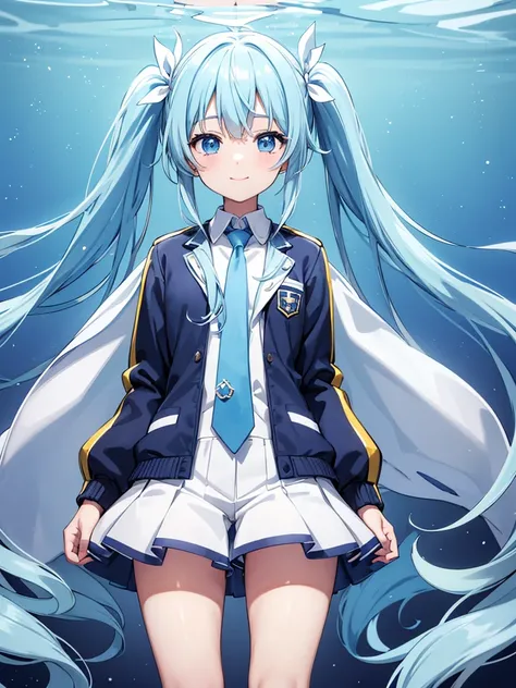 ((Highest quality)), ((masterpiece)), ((Ultra-detailed)), (Very delicate and beautiful), girl、solo,Bright smile、Light blue long hair、Twin tails,((Jacket)),She is very(relax)with(Calm)Appearance,Depth of written boundary,Wicked Smile,bubble, Underwater, Air...