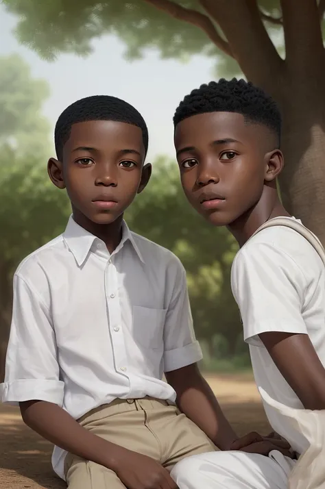 Create a highly detailed ultra realistic portrait image of a young cute African boy of around 12 years, wearing white shirt and having a low shaved haircut Its.who is chatting under a tree with his grandfather. Theres a bag next to them."