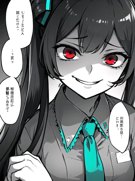 (masterpiece:1.2), (best quality:1.2), (highly detailed:1.2), 1girl, gesugao, sadistic smile, evil smile,monochrome, greyscale, spot color, red eyes, hatsune miku, upper body, disgust, disgust face