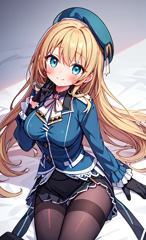 masterpiece,Highest quality,1 Girl,alone,blush with embarrassment,(boldline:1.6),(flat1:1.5), (PORTRAIT:1.2),bionde_HAIR,LONG_HAIR,LARGE_BREASTS,HAT,SMILE,BERET,GREEN_eyes,blue_eyes,BLACK_GLOVES,BLACK INNER SKIRT,uniform,PANTYHOSE,