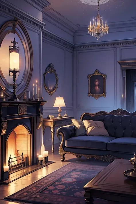 Interior, victorian Manor with reliquies, (((Nigth))), (((moonligth enters the living room))) soft pale orange palette, soft violet secundary exterior ligth 