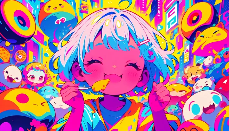 Vibrant art,pop、bright、1 female, Light blue hair,　short hair、Happy,cute, animation style, kawaii, clearly, colorful cyberpunk, bubblegum pop, cute、Pink and light blue as main colors、eating omelet rice、