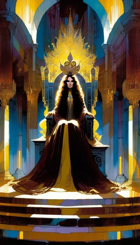 the empress, on her throne, long brown hair and curls, large throne room, inspired art by Bill Sienkiewicz
