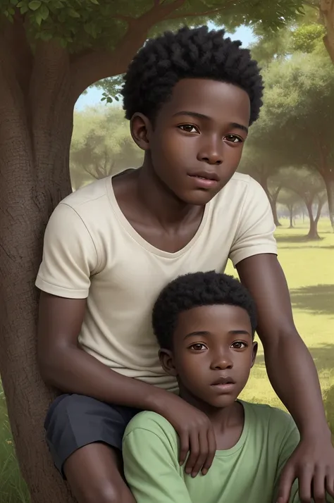 Create a highly detailed ultra realistic portrait image of a young cute African boy of around 12 years who is chatting under a tree with his grandfather.