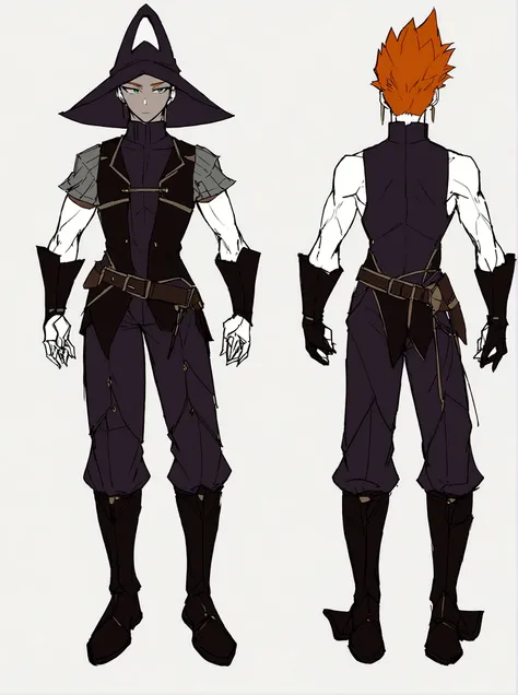 HERO COSTUME BASED ON BOKU NO HERO ACADEMIA, must look like a magician. It should be a masculine suit for a slim body. Includes a witch hat. The model must have orange hair, light skin and green eyes. THE MODEL MUST BE A MALE.