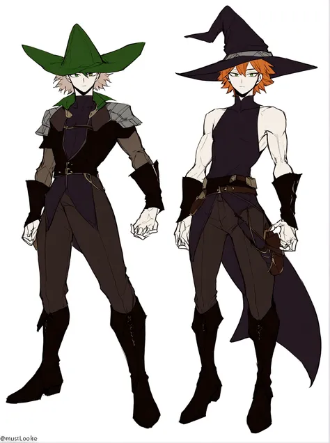 HERO COSTUME BASED ON BOKU NO HERO ACADEMIA, must look like a magician. It should be a masculine suit for a slim body. Includes a witch hat. The model must have orange hair, light skin and green eyes. THE MODEL MUST BE A MALE.