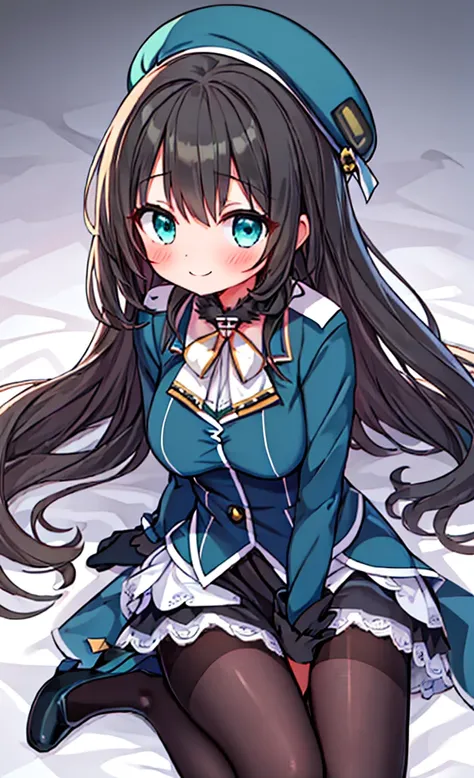 masterpiece,Highest quality,1 Girl,alone,blush with embarrassment,(boldline:1.6),(flat1:1.5), (PORTRAIT:1.2),bionde_HAIR,LONG_HAIR,LARGE_BREASTS,HAT,SMILE,BERET,GREEN_eyes,blue_eyes,BLACK_GLOVES,BLACK INNER SKIRT,uniform,PANTYHOSE,loli,