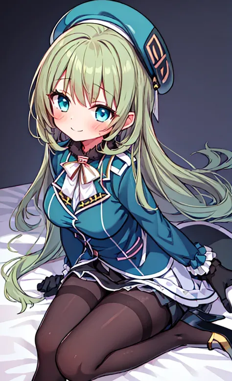 masterpiece,Highest quality,1 Girl,alone,blush with embarrassment,(boldline:1.6),(flat1:1.5), (PORTRAIT:1.2),bionde_HAIR,LONG_HAIR,LARGE_BREASTS,HAT,SMILE,BERET,GREEN_eyes,blue_eyes,BLACK_GLOVES,BLACK INNER SKIRT,uniform,PANTYHOSE,loli,