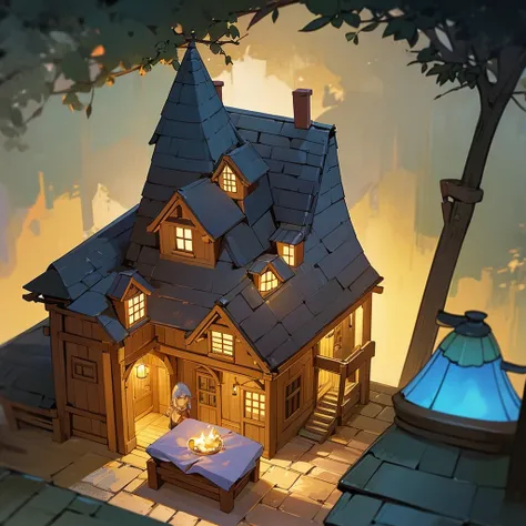 a close-up of a house with a light on in a dark forest, medieval Tavern, Tavern background, a multidimensional cozy Tavern, fantasy Tavern background, Tavern, medieval house, medieval fantasy game art, alchemy Tavern, print shop, point-and-click adventure ...