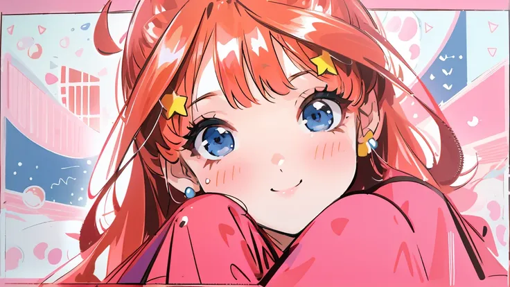 ((best quality)), ((masterpiece)), (detailed), perfect face, 1girl, nakano itsuki, smiling, whimsical, triad color pallette, hug...