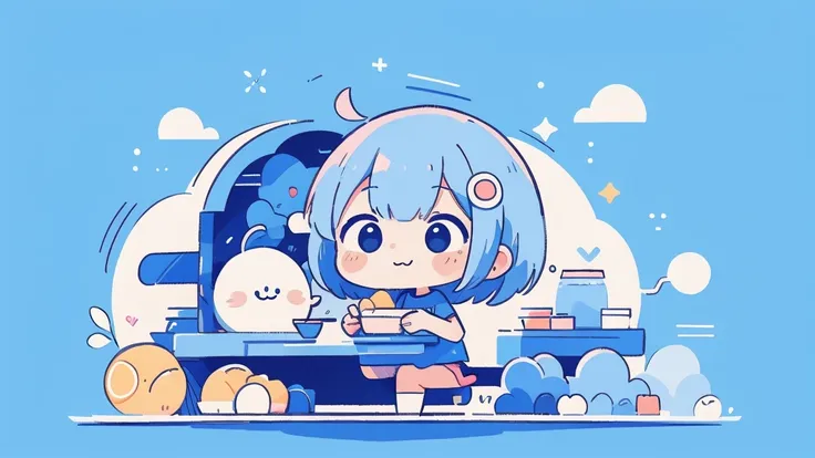 1 female, Light blue hair,　short hair、Happy,cute, animation style, kawaii, clearly, colorful cyberpunk, bubblegum pop, cute、Pink and light blue as main colors、eating omelet rice、