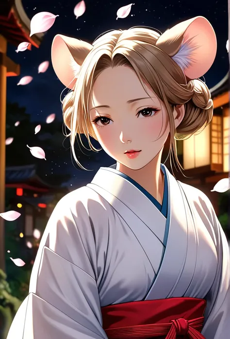 (Ah! My Goddess style:1.2) , Hallucination, daydream , nightmare , Insane Dream , bokeh , erotica , romance , realistic mouse nymph and realistic cat , Womens hakama from the Meiji period , Petals fluttering down , Single eyelids, round nose, swollen cheek...