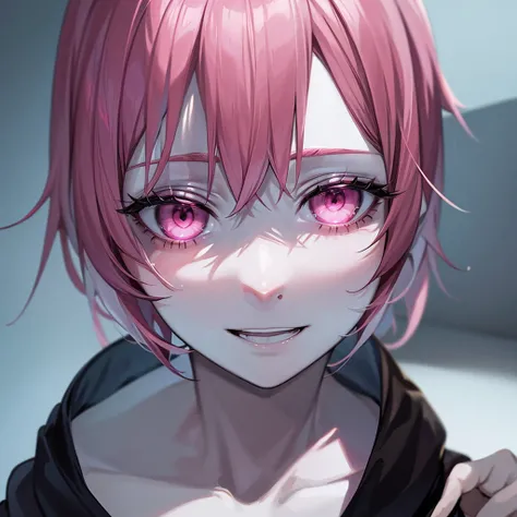 close-up on the psychopathic face and bust, short pink hair, pale skin, schizophrenic eyes, anxiety, drugs, medication pills, image with strong shades of pink