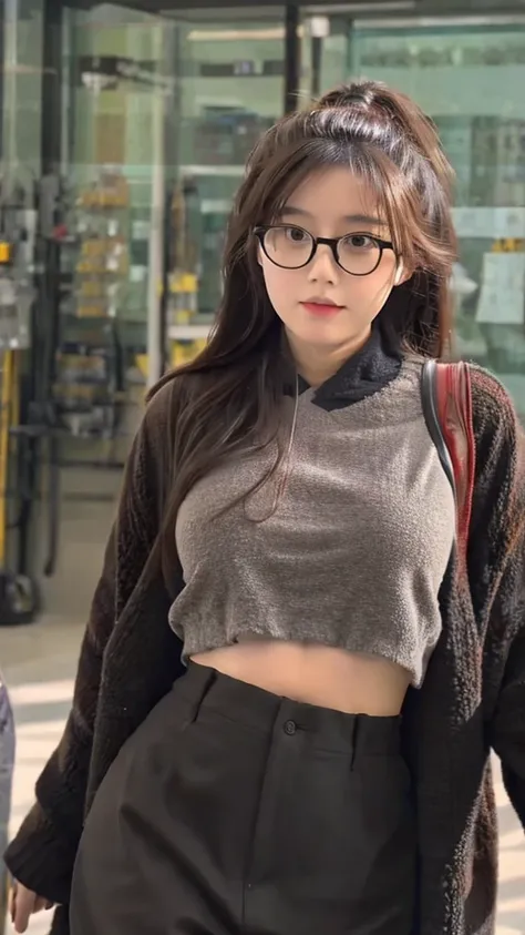 Cute dark skin toned Chinese girl wearing glasses, has a stomach bulge