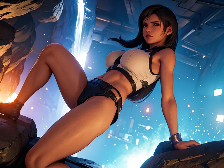 Tifa half naked in a waterfall, whole body, pose sensual, round ass, big breasts and light brown eyes. 8k, Best Quality, masterpiece 1.2