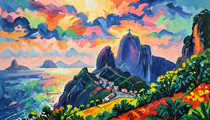 Fauvist landscape painting: Vibrant and colorful landscape ,Brazil,Rio de Janeiro,Christ the Redeemer ,Ocean,With bold brushstrokes and unnatural colors,vibrating color, Inspired by Henri Matisse.