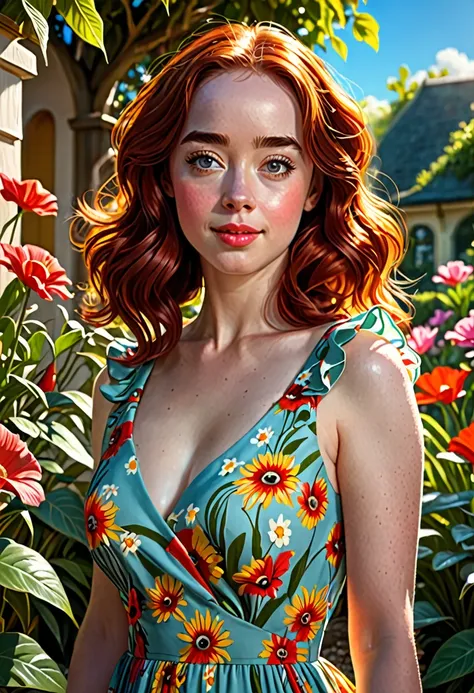 Adorable, Woman,big-eyed woman, round face. promenent lips. Smileing,In the garden,Her hands are behind her...., , large ass, wearing a cute sun dress. Picture from the side,looking at the scenes, intense colors, Very valuable details, complex details, vol...