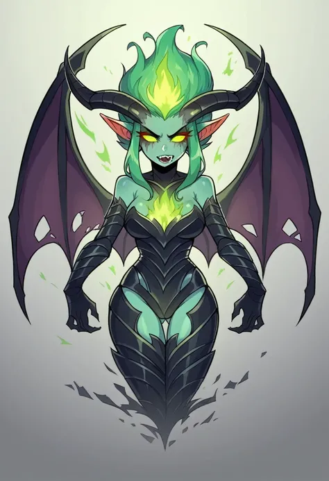 "Generate a splash art image of a demonic goblin girl who is a pro in League of Legends. She should have a sinister, mischievous look with a short, wild hairstyle, possibly with streaks of green or purple. Her skin should have a greenish tint typical of go...