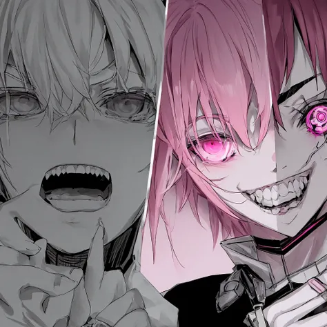 close-up on the psychopathic face and bust, short pink hair, pale skin, schizophrenic eyes, sadistic and crazy laugh, anxiety, drugs, medication pills, image with strong shades of pink