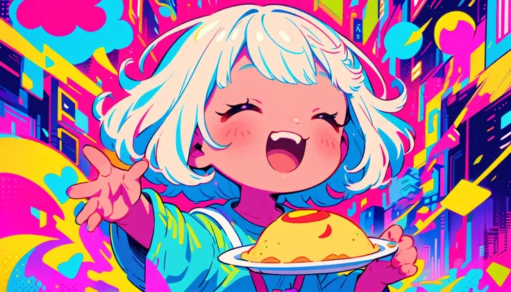 1 female, Light blue hair,　short hair、Happy,cute, animation style, kawaii, clearly, colorful cyberpunk, bubblegum pop, cute、Pink and light blue as main colors、eating omelet rice、