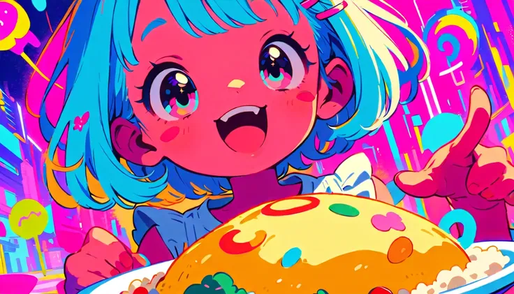 1 female, Light blue hair,　short hair、Happy,cute, animation style, kawaii, clearly, colorful cyberpunk, bubblegum pop, cute、Pink and light blue as main colors、eating omelet rice、