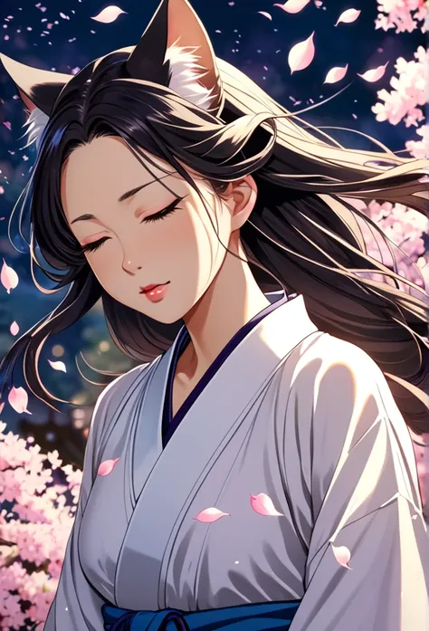 (Ah! My Goddess style:1.2) , Hallucination, daydream , nightmare , Insane Dream , bokeh , erotica , romance , cat nymph and realistic cat , Womens hakama from the Meiji period , Petals fluttering down , Single eyelids, round nose, swollen cheeks , glossy l...