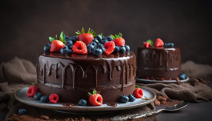 food photography style a chocolate cake with layers of rich chocolate ganache and fresh berries aiga, appetizing, professional, ...